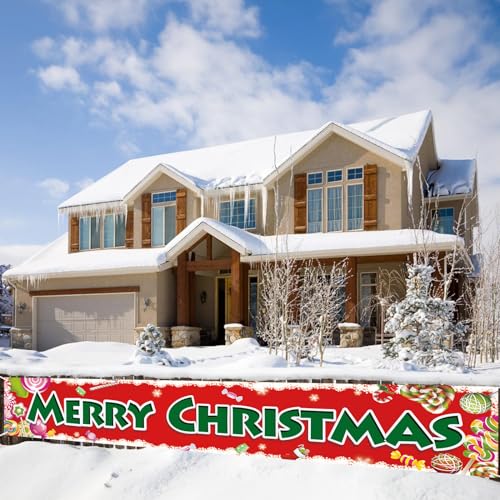 Frohe Weihnachten Banner Outdoor, Rot Weihnachtsbanner Merry Christmas Deko mit Zuckerstangen Muster für Outdoor Weihnachtsdeko, XXL Weihnachts Party Banner für Außen Garten Zaun Dekoration, 300x50cm von Lingqiang