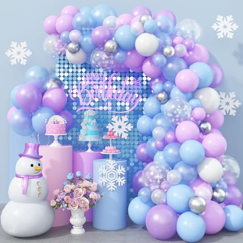 Frozen Geburtstagsdeko Luftballon Girlande, 103 Stück Pastell Blau Lila Weiß Silber Ballon Girlande Set mit Schneeflocke Luftballons für Winter Eiskönigin Geburtstag Party Elsa Geburtstagsparty Deko von Lingqiang