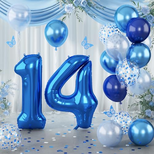 Geburtstag Zahlen Luftballon 14 Jahre, 40" Groß Marineblau Folienballon Zahl 14 für Mädchen, 14. Geburtstagsdeko Navy Blau Silber Konfetti Ballon, Metallic Dunkelblau Helium Ballon 14 Jubiläum Deko von Lingqiang