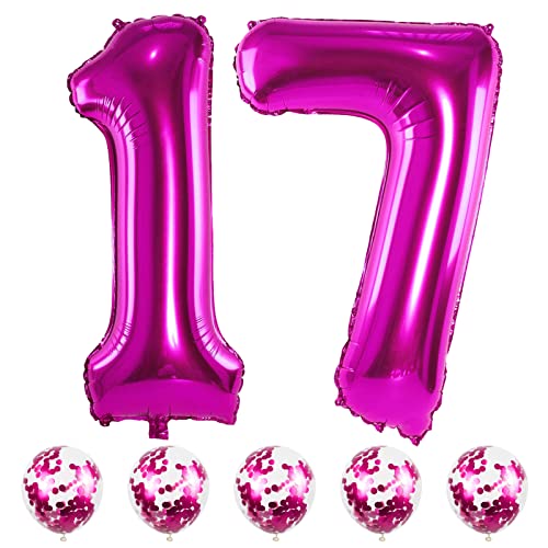 Geburtstag Zahlen Luftballon 17 Jahre, 40" Rosa Folienballon Zahl 17 mit Konfetti Ballons, XXL Pink Luftballons Zahl 17 Geburtstagsdeko für Mädchen Frau 17. 17. Jubiläum Party Deko, Fliegt mit Helium von Lingqiang
