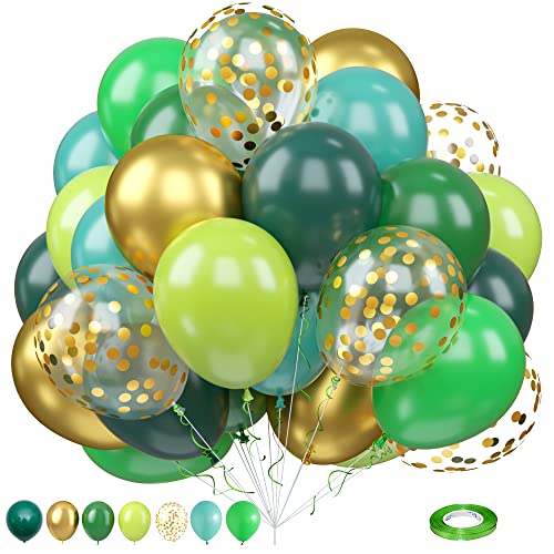 Grün Gold Luftballons, 60 Stück 10 Zoll Hellgrün Tiffany Blau Geburtstag Ballons Set mit Konfetti, Retro Dunkel Grün Helium Latex Ballons für Dschungel Safari Babyparty Karneval Party Dekorationen von Lingqiang