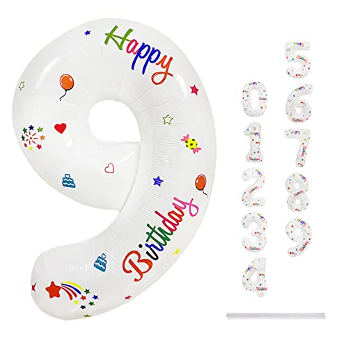 Happy Birthday Luftballon Zahlen 0-9, 32" Groß Bunt Druck Folienballon Zahl 9, Weiß Zahlenballon 9 Helium Ballon, 81cm Luftballon 9. Geburtstag für Mädchen Junge Geburtstagsdeko Kindergeburtstag Deko von Lingqiang