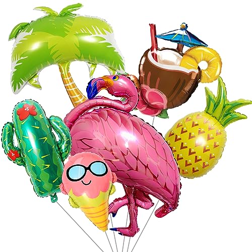 Hawaii Party Deko Ballons, Groß Luftballon Sommerparty Deko, 6 Stück Flamingo Ananas Kaktus Kokosnuss Baum Eiscreme Tropische Folienballons für Aloha Luau Geburtstagsdeko Pool Strandparty Dekoration von Lingqiang
