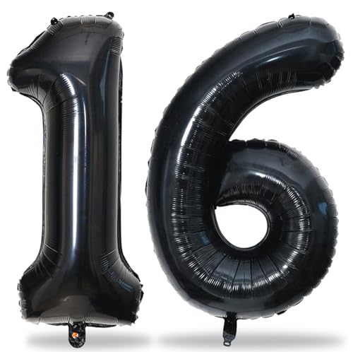 Luftballon 16. Geburtstag Deko, 101 cm Schwarz Luftballons Zahl 16 Ballons für Mädchen Junge, Große Zahlen 1 und 6 Folienballon Set für Frau Mann 16. 61. Geburtstagsdeko Jubiläum Party Dekoration von Lingqiang