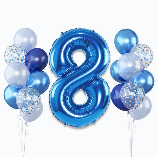 Luftballon 8. Geburtstag, 40'' Folienballon Zahl 8 Navy Blau, Groß Zahlen 8 Ballon mit Metallic Silber Konfetti Helium Ballon Geburtstagsdeko für Kinder, Dunkelblau Luftballon Zahl Jubiläum Party Deko von Lingqiang