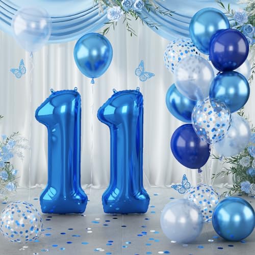 Luftballon Geburtstag Zahl 11 Dunkelblau, Riesen Folienballon Zahlen 11 mit Blau Silber Konfetti Ballon, 40'' Helium 11 Geburtstagsdeko Metallic Marineblau Ballon für Junge 11. Geburtstag Party Deko von Lingqiang