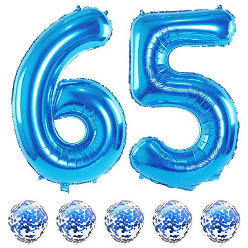 Luftballon Geburtstag Zahl 65 Blau, XXL Riesen Folienballon Zahlen 6 und 5 mit Blau Konfetti Ballons, Nummer 65 Geburtstagsdeko für Männer Frau 65. 56 Geburtstag Jubiläum Party Deko, Fliegt mit Helium von Lingqiang
