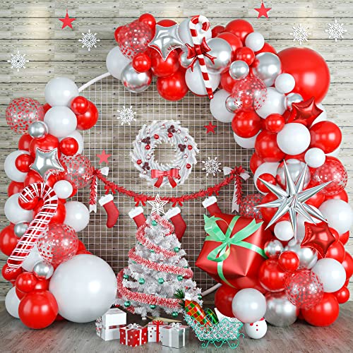 Luftballon Girlande Weihnachten, 100 Stück Rot Weiß Latex Weihnachtsdeko Ballon Girlande Set mit Süssigkeit Zuckerstangen Geschenkbox Silber Explosion Stern Folienballon für Weihnachts Party Deko von Lingqiang