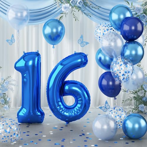 Luftballon Zahl 16 Junge, XXL Navy Blau Folienballon 16 Zahlen Geburtstag mit Hellblau Silber Konfetti Ballon, 40'' Metallic Marineblau Helium 16. Geburtstagsdeko für Mädchen Jubiläum Party Deko von Lingqiang