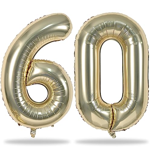 Luftballon Zahl 60 Champagner Gold, 40" XXL Hell Gold Folienballons Zahlen 60, Riesen 60. Geburtstag Deko Luftballons für Frau Mann 60 Jahre Geburtstagsdeko Jubiläum Hochzeit Party Dekoration von Lingqiang