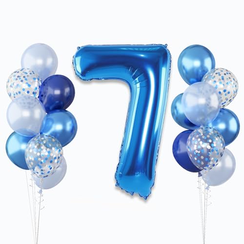 Luftballon Zahl 7 Junge, XXL Navy Blau Folienballon 7 Zahlen Geburtstag mit Hellblau Silber Konfetti Ballon, 40'' Metallic Marineblau Helium 7. Geburtstagsdeko für Kindergeburtstag Jubiläum Party Deko von Lingqiang