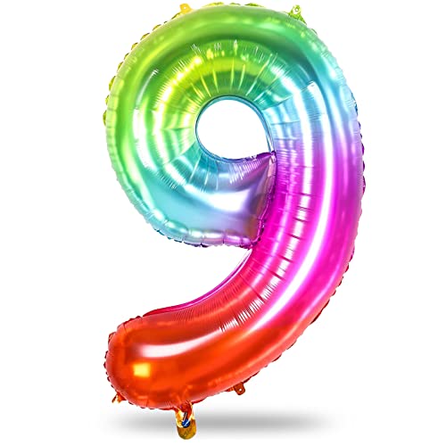 Luftballon Zahlen 0-9 Regenbogen, 40" Groß Folienballon Zahl 9, Bunt Zahlenballon 9 Helium Ballon, 101cm XXL Luftballon Geburtstag für 9 Jahre Mädchen Geburtstagsdeko Jubiläum Kindergeburtstag Deko von Lingqiang
