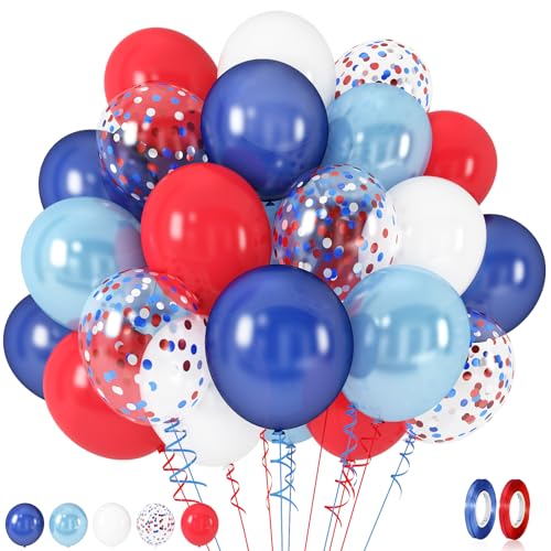 Luftballons Blau Rot, 60 Stück Rot Weiß Perlmutt Marineblau Hellblau mit Konfetti Helium Ballons, Rot Blau Weiss Latexballons Set für Junge Geburtstag Babyparty Hochzeit Jubiläen Party Dekoration von Lingqiang