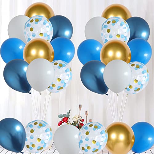 Luftballons Geburtstag Blau Gold, 30 Stück 12 Zoll Luftballons Blau Weiß, Metallic Blau Gold Weiss Helium Latex Ballons für Geburtstag Babyparty Hochzeitstag Abschluss Verlobung Party Dekorationen von Lingqiang