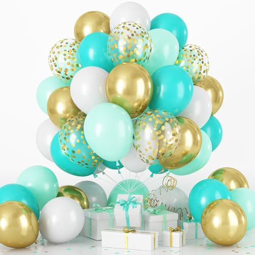 Luftballons Grün Gold 60 Stück 10 Zoll Mint Hellgrün Tiffany Blau Weiß Geburtstag Ballons Set mit Konfetti, Blaugrün Helium Latex Ballon für Dschungel Safari Babyparty Hochzeitstag Party Dekorationen von Lingqiang