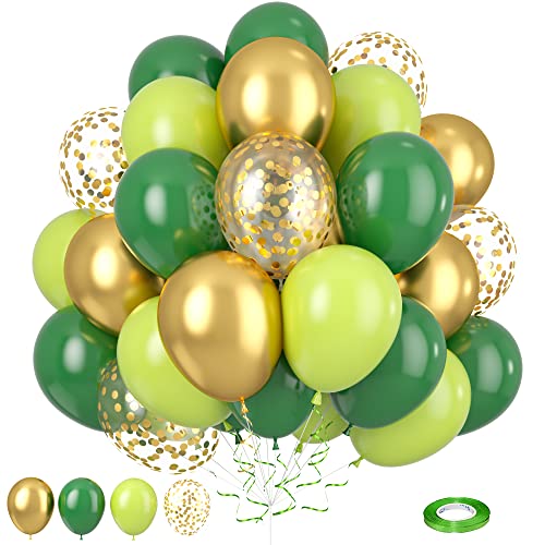 Luftballons Grün Gold Geburtstag - 30 Stück 12 Zoll Salbeigrün Metallic Gold Set Mit Konfetti, Retro Dunkel Hell Grün Latex für Dschungel Safari Babyparty Party Dekorationen von Lingqiang