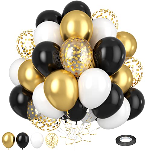 Luftballons Schwarz Gold Weiß, 30 Stück Schwarz Metallic Gold Weiss Luftballons Set mit Konfetti Ballons, 12 Zoll Geburtstag Feier Ballons für Babyparty Hochzeitstag Abschluss Party Dekorationen von Lingqiang