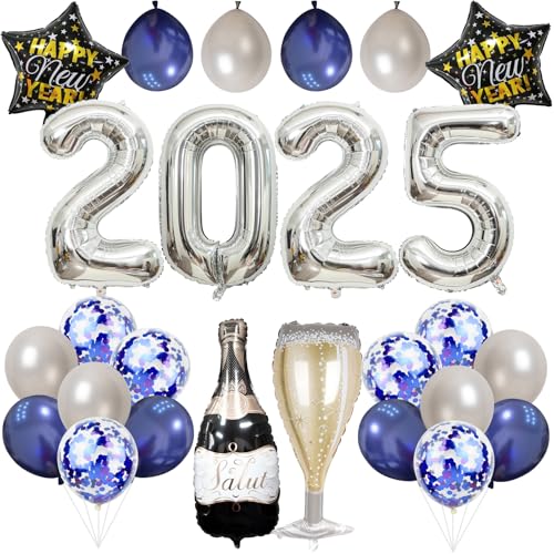 Navy Blau Silber Silvester Deko 2025, Happy New Year Deko 2025 Zahl Folienballons Marineblau Silber Konfetti Ballons Set mit Champagner Glas Stern Luftballons für Mann Junge Neujahr Party Dekoration Navy Blau Silber Silvester Deko 2025, Happy New Year Deko 2025 Zahl Folienballons Marineblau Silber Konfetti Ballons Set mit Champagner Glas Stern Luftballons für Mann Junge Neujahr Party Dekoration von Lingqiang