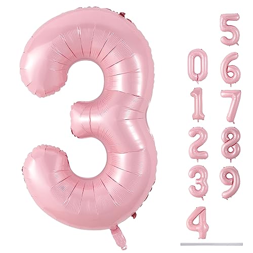 101cm Rosa Luftballon Zahl 3, 40" Groß Pastell Rosa Folienballon Zahlen 3, Zahlenballon 3. Geburtstag für Mädchen, Pink Nummer 3 Helium Ballon zum Frau Geburtstagsdeko Jubiläum Party Deko von Lingqiang