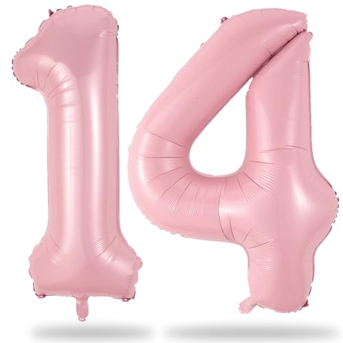 Pastell Rosa Geburtstag Zahlen Luftballon 14 Jahre, XXL Hell Pink Folienballon Zahl 14, 40 Zoll Zahlenballon 14 Geburtstagsdeko Ballon für Mädchen 14. Geburtstag Jubiläum Party Deko, Fliegt mit Helium von Lingqiang