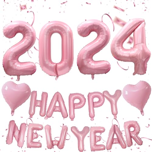 Happy New Year Deko 2024 Ballons, Pastell Rosa Silvester Deko 2024 Party Set mit Herzballons, Hell Rosa Luftballons Zahl 2024 Helium Zahlen Folienballons für Mädchen Mann Neujahr Party Dekoration von Lingqiang