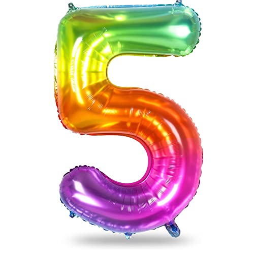 Regenbogen Folienballon Zahl 5, 101 cm XXL Bunt Zahlenballon 5 für Kinder Zahlen Luftballon 5. Geburtstag Ballon 5 für Mädchen 5 Jahre Kinder Geburtstagsdeko Jubiläum Party Deko, Fliegt mit Helium von Lingqiang