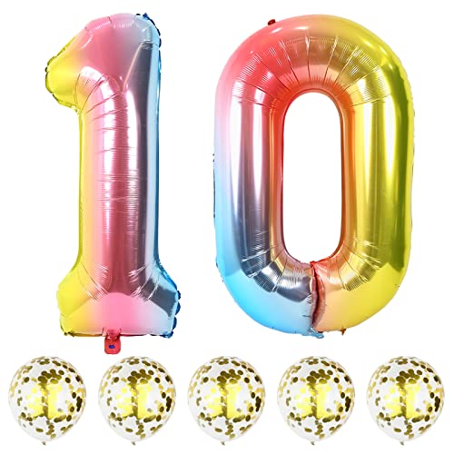 Regenbogen Luftballon Zahl 10, 40" Folienballons Zahlen 1 & 0 mit Gold Konfetti Helium Ballons, Riesen Bunt Nummer 10. Geburtstag Luftballons für Mädchen Frau 10. Jubiläum Hochzeit Party Dekoration von Lingqiang