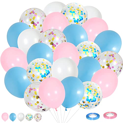 Rosa Blau Luftballons, 60 Stück 12 Zoll Pastell Blau Rosa Weiß Latex Luftballons Set mit Konfetti Ballons, Macaron Hell Rosa Blau Geburtstag Party Ballons für Babyparty Geschlecht Offenbaren Dekor von Lingqiang