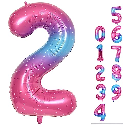 Geburtstag Zahlen Luftballon 2 jahre, 40 Zoll Regenbogen Gradient Folienballon Zahl 2 für Mädchen, Rosa Blau Helium Ballon 2. Geburtstagsdeko, Gradient Bunt Zahlenballon 2 zum Frau Jubiläum Party Deko von Lingqiang