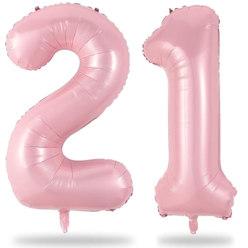 Rosa Geburtstag Zahlen Luftballon 21 Jahre, XXL Pastell Rosa Folienballon Zahl 21, 40'' Hell Pink Zahlenballon 21 Geburtstagsdeko Ballon für Frau 21. Geburtstag Jubiläum Party Deko, Fliegt mit Helium von Lingqiang