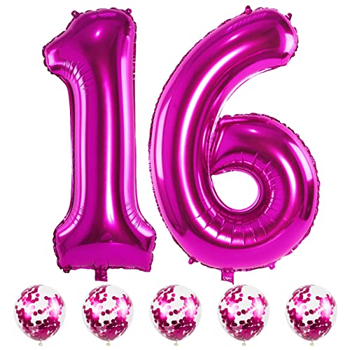Rosa Zahlen Luftballon 16, 40 Zoll Folienballon Zahl 16 mit Pink Konfetti Helium Ballons, Riesen Nummer 16 Geburtstag Luftballons für Mädchen Frau 16. 61. Geburtstagsdeko Jubiläum Party Dekoration von Lingqiang