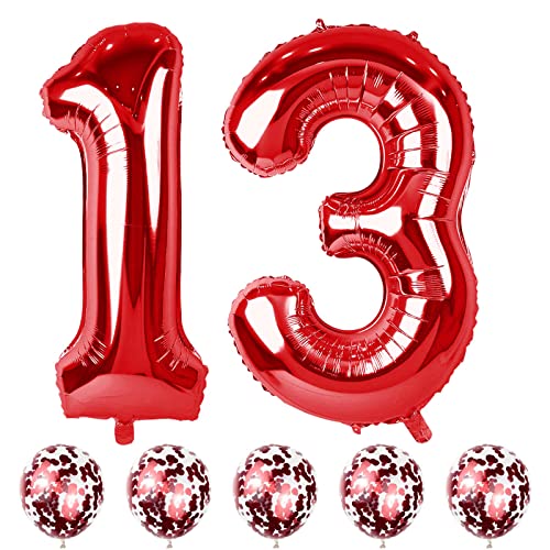 Rot Luftballon 13. Geburtstag Mädchen, XXL Riesen Zahl 13 Luftballons mit Rot Konfetti Ballons, Folienballon Zahlen 1 & 3 für Junge Frau 13. 31. Geburtstagsdeko Jubiläum Party Deko, Fliegt mit Helium von Lingqiang
