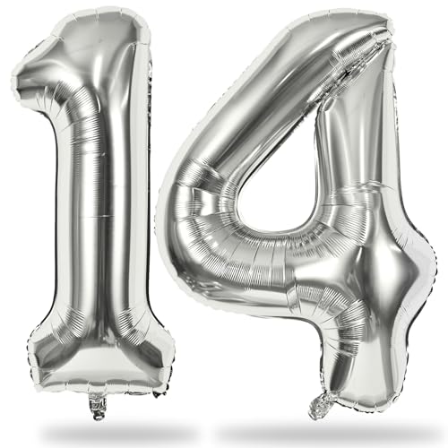 Silber Geburtstag Zahlen Luftballon 14 Jahre, XXL Folienballon Zahl 14, 40 Zoll Zahlenballon 14 Geburtstagsdeko Ballon für Mädchen Junge 14. Geburtstag Frau Mann Jubiläum Party Deko, Fliegt mit Helium von Lingqiang