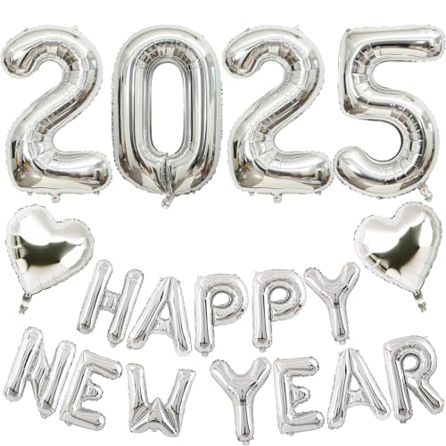 Silvester Deko 2025 Set, Silber Zahl 2025 Folienballons Happy New Year Helium Ballon Girlande Mit Herz Luftballons, Silber Silvester Party Luftballons für Neujahr Dekoration Silvester Deko 2025 Set, Silber Zahl 2025 Folienballons Happy New Year Helium Ballon Girlande Mit Herz Luftballons, Silber Silvester Party Luftballons für Neujahr Dekoration von Lingqiang