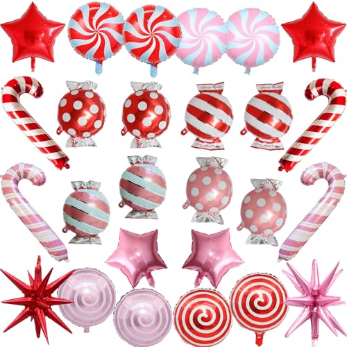 Weihnachten Folienballon Set, 26 Stk Weihnachts Deko Süßigkeiten Zuckerstangen Explosion Stern Helium Ballons, Rot Rosa Weihnachtsdeko Bonbon Candy Luftballon für Christmas Candyland Party Dekoration von Lingqiang