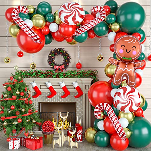 Weihnachten Luftballon Girlande mit Lebkuchenmann Folienballons, 111 Stück Rot Grün Metallic Gold Weihnachts Ballon Girlande mit Rot Weiß Süssigkeit Zuckerstangen Ballons für Draußen Xmas Party Deko von Lingqiang