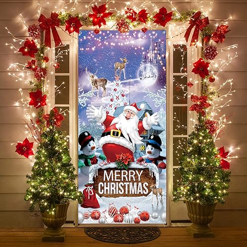 Weihnachten Türdeko Merry Christmas Banner, Lila Weihnachtsmann Weihnachts Tür Abdeckung Weihnachtsdeko Banner, Frohe Weihnachten Deko Türbanner für Outdoor Draußen Neujahr Party Dekoration, 90x185cm von Lingqiang