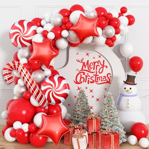 Weihnachts Ballon Girlande, 97 Stück Weihnachten Deko Luftballons Girlande mit Rot Weiß Weihnachtsballons Süssigkeiten Zuckerstangen Stern Folienballons für Weihnachtsdeko Christmas Neujahr Dekoration von Lingqiang