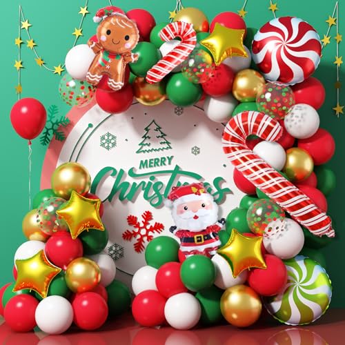 Weihnachtsdeko Luftballons Girlande mit Lebkuchenmann Folienballons, 99 St Rot Grün Gold Weihnachten Ballon Girlande mit Zuckerstangen Süssigkeit Weihnachtsmann Stern Ballons für Weihnachts Party Deko von Lingqiang