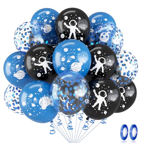 Weltraum Geburtstag Deko, 12 Zoll Weltraum Party Luftballon Set Blau Schwarz Konfetti Astronaut Planet Rakete Latex Helium Ballons für Kinder Jungen Babyparty Kindergeburtstag Party Dekoration zubehör von Lingqiang