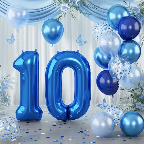 Zahlen Luftballon Navy Blau, Groß Folienballon 10 mit Metallic Blau Silber Konfetti Latexballons, 40'' Dunkelblau Helium Luftballon 10. Geburtstag für 10 Jahre Mädchen Geburtstagsdeko Party Deko von Lingqiang