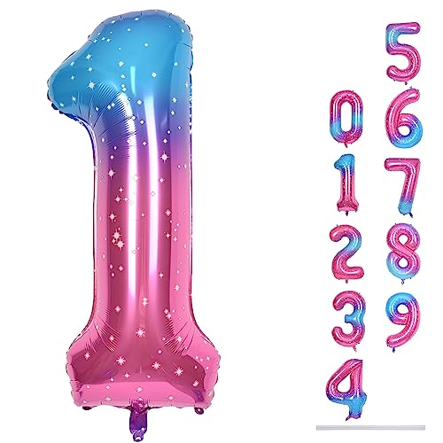 Zahlen Luftballon Regenbogen Gradient, Pink Rosa Blau Folienballon Zahl 1, 40 Zoll Bunt Zahlenballon 1 Helium Ballon, Luftballon 1. Geburtstag für 1 Jahre Mädchen Geburtstagsdeko Babyparty Party Deko von Lingqiang