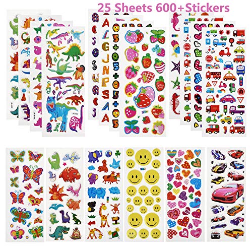 Linkbro 3D Aufkleber für Kinder Mädchen, 25 Verschiedene Blätter 600+ Geschwollen Stickers mit Emoji, Dinosaurs, Cars, Kleinkinder Sticker Set Mitgebsel Kindergeburtstag Gastgeschenke von Linkbro