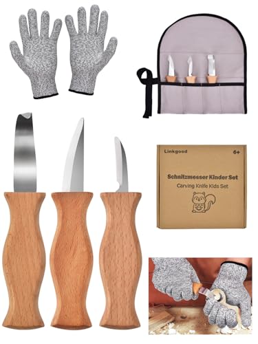 Linkgood Schnitzmesser Kinder Set ab 6 Jahre, Hochwertiges Schnitzset Kinder inkl. Schnittfeste Handschuhe, Kreatives Kinder Schnitzen Werkzeug Kinderschnitzmesser Schnitzwerkzeug - Outdoor Messer von Linkgood