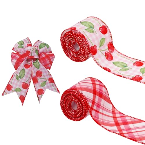 Linkidea Kirschkariertes Band zum Basteln, 2 Rollen, dekoratives Band mit Drahtrand, für Schleifen, Kränze, Geschenkverpackungen, DIY-Dekoration (rot, 6,1 cm x 9,1 m) von Linkidea