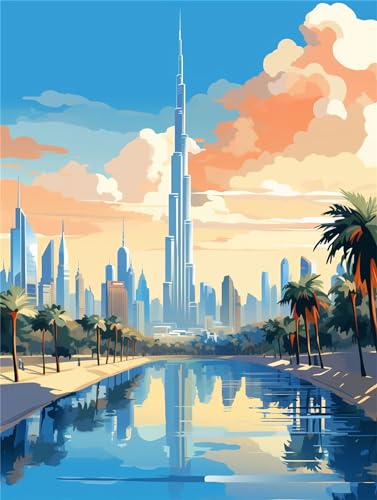 Malen Nach Zahlen Dubai, 60x80cm DIY Malen Nach Zahlen Erwachsene Landschaft, DIY Kreativ Set für Erwachsene Handgemalt Ölgemälde Kits auf Leinwand Geschenk, Acryl-Malen Nach Zahlen für Zimmer Deko von Linncen