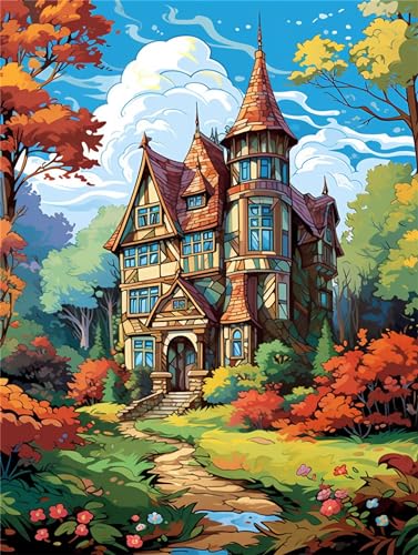 Malen Nach Zahlen Erwachsene, DIY Malen Nach Zahlen Landschaft Handgemalt Ölgemälde Kit für Anfänger und Erwachsene, Schloss Malerei Bastelset, Wohnzimmer Wanddekor Mit Acrylfarben und Pinseln 30x40cm von Linncen