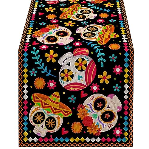 Linsition Zuckerschädel-Tischdekorationen - Mexikanische Tischdecken mit Zuckerschädel-Dekor | Bright Day of The Dead Altardekorationen, multifunktionale, rustikale Leinentischdecke von Linsition