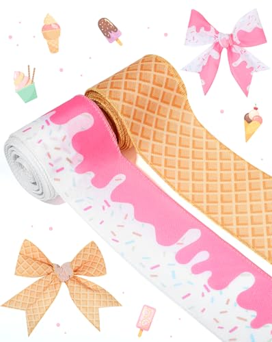 Liobelon 2 Rollen Eiscreme-Kegelband mit Drahtrand, Sommerbänder, rosa Streusel, Bastel-Stoffband, 6,3 cm breit, 9,1 m, Dessertbänder für Kranz, Schleifen, DIY, Wickelschleifen (Rosa) von Liobelon