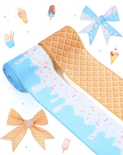 Liobelon 2 Rollen Eiscreme-Kegelband mit Drahtrand, Sommerbänder, rosa Streusel, Bastel-Stoffband, 6,3 cm breit, 9,1 m, Dessertbänder für Kranz, Schleifen, DIY, Wickelschleifen (blau) von Liobelon